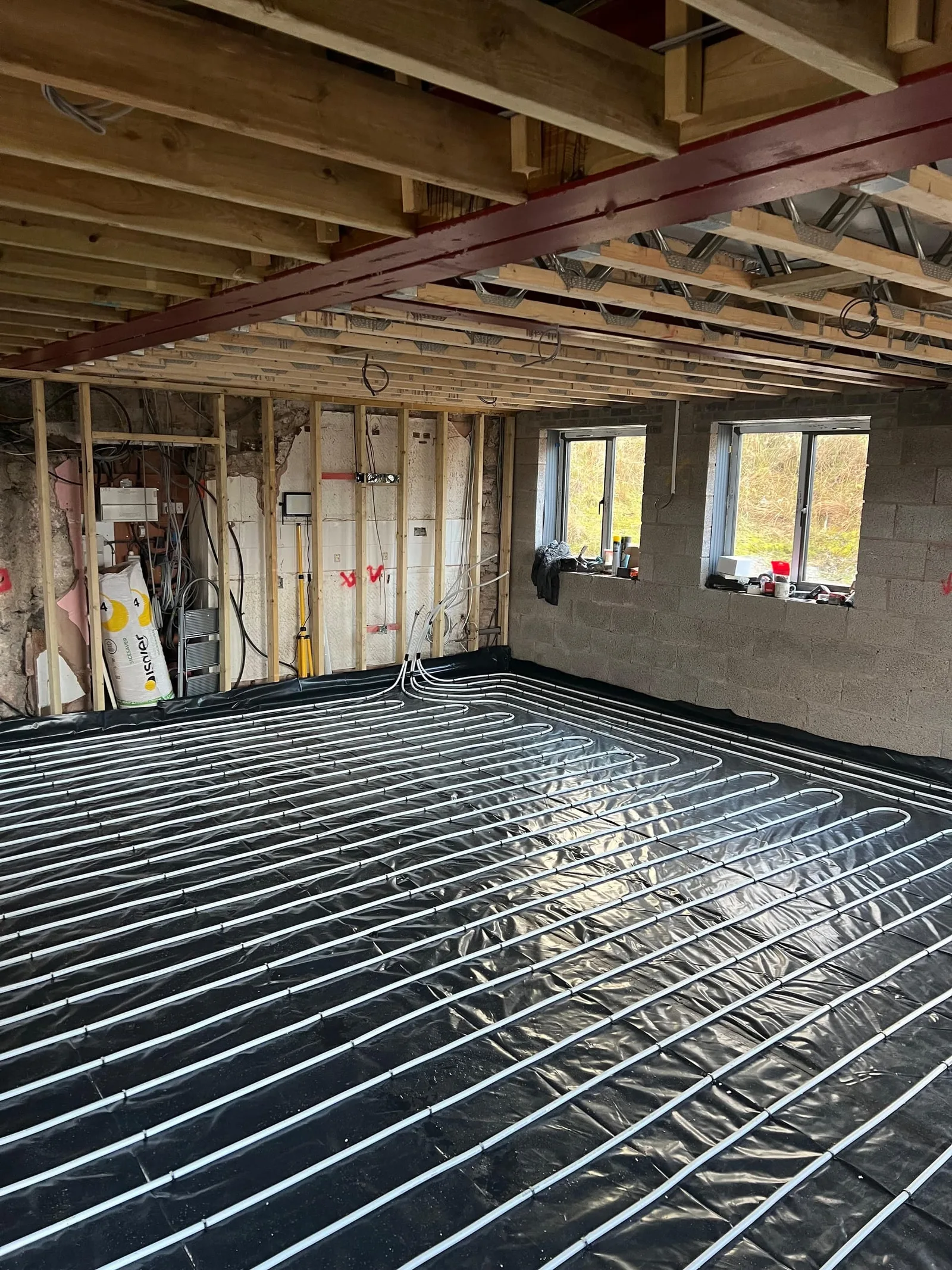 Underfloor heating pipes during installation